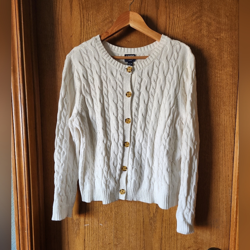 Lands' End Off-White Cable Knit Button-Front Cardigan